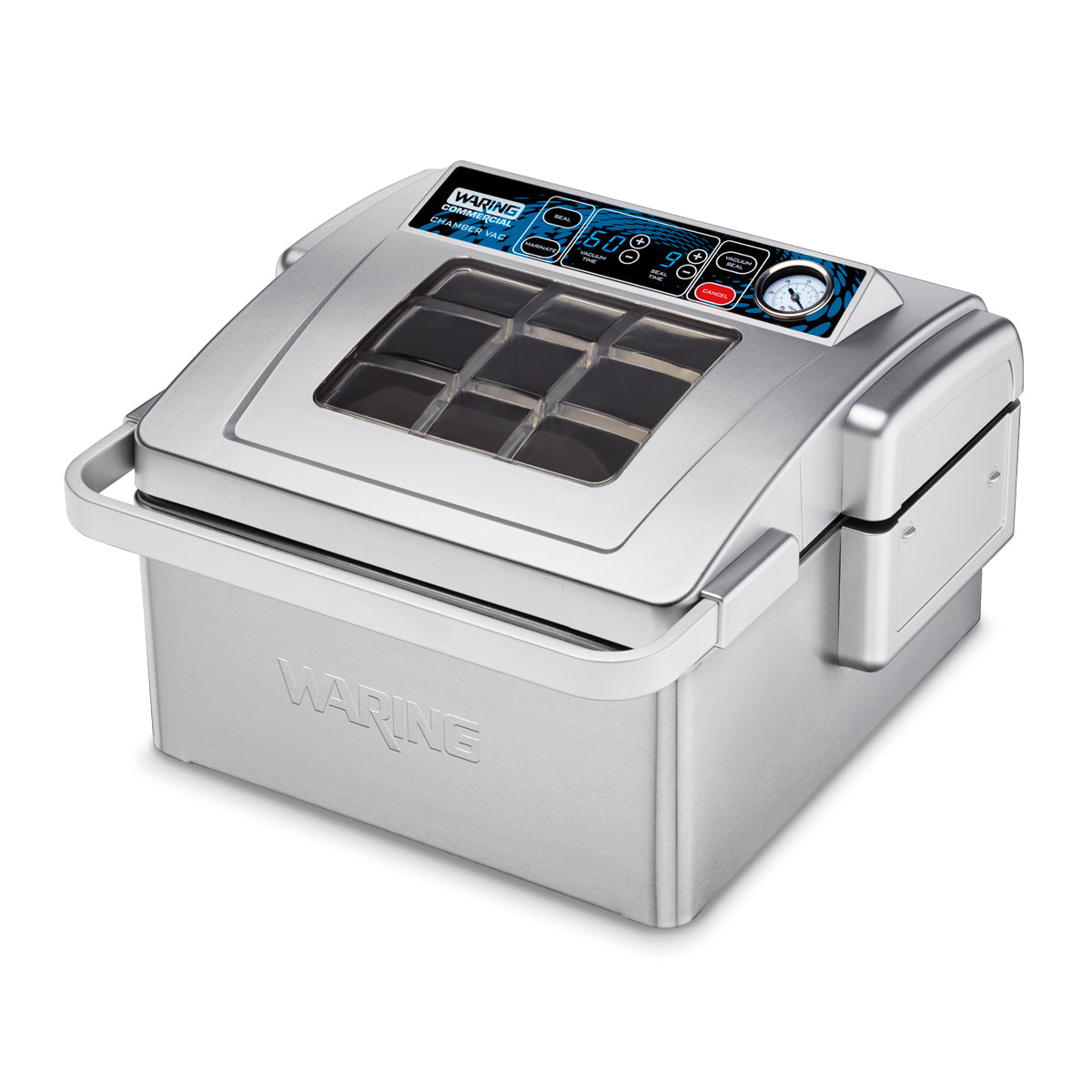 This Waring countertop Vacuum Packaging Machine features a stainless steel body, transparent lid, digital control panel, and multiple displays. Its modern design is complemented by the embossed Waring logo on the front.