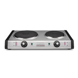 A heavy-duty Waring Professional Extra Burner with two black cast iron burners, separate temperature control knobs, and on/off switches with indicator lights, all set against a plain white background.