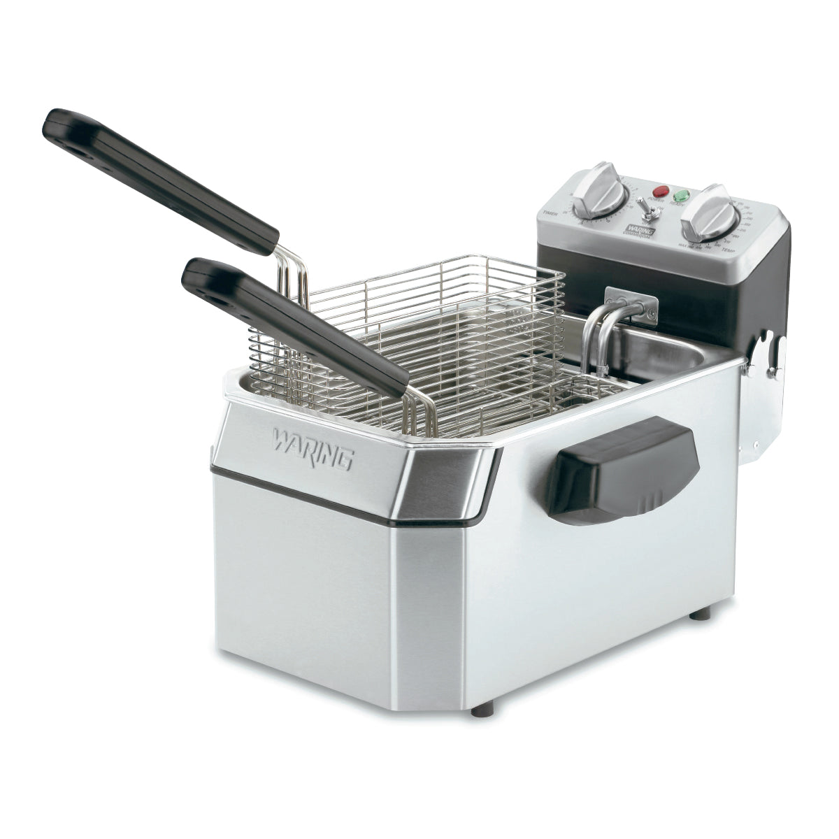 A stainless steel commercial deep fryer with 10lb capacity features two metal frying baskets with black handles, a black side handle, and a control panel with two dials and indicator lights. The brand name Waring is embossed on the front.