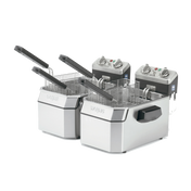 Two stainless steel electric deep fryers with black handles and dual control panels sit side by side. Each commercial deep fryer features a rectangular basket and adjustable temperature dials, designed for countertop use in any kitchen, on a plain white background.