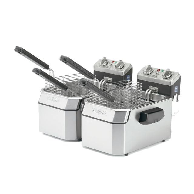 Two stainless steel electric deep fryers with black handles and dual control panels sit side by side. Each commercial deep fryer features a rectangular basket and adjustable temperature dials, designed for countertop use in any kitchen, on a plain white background.