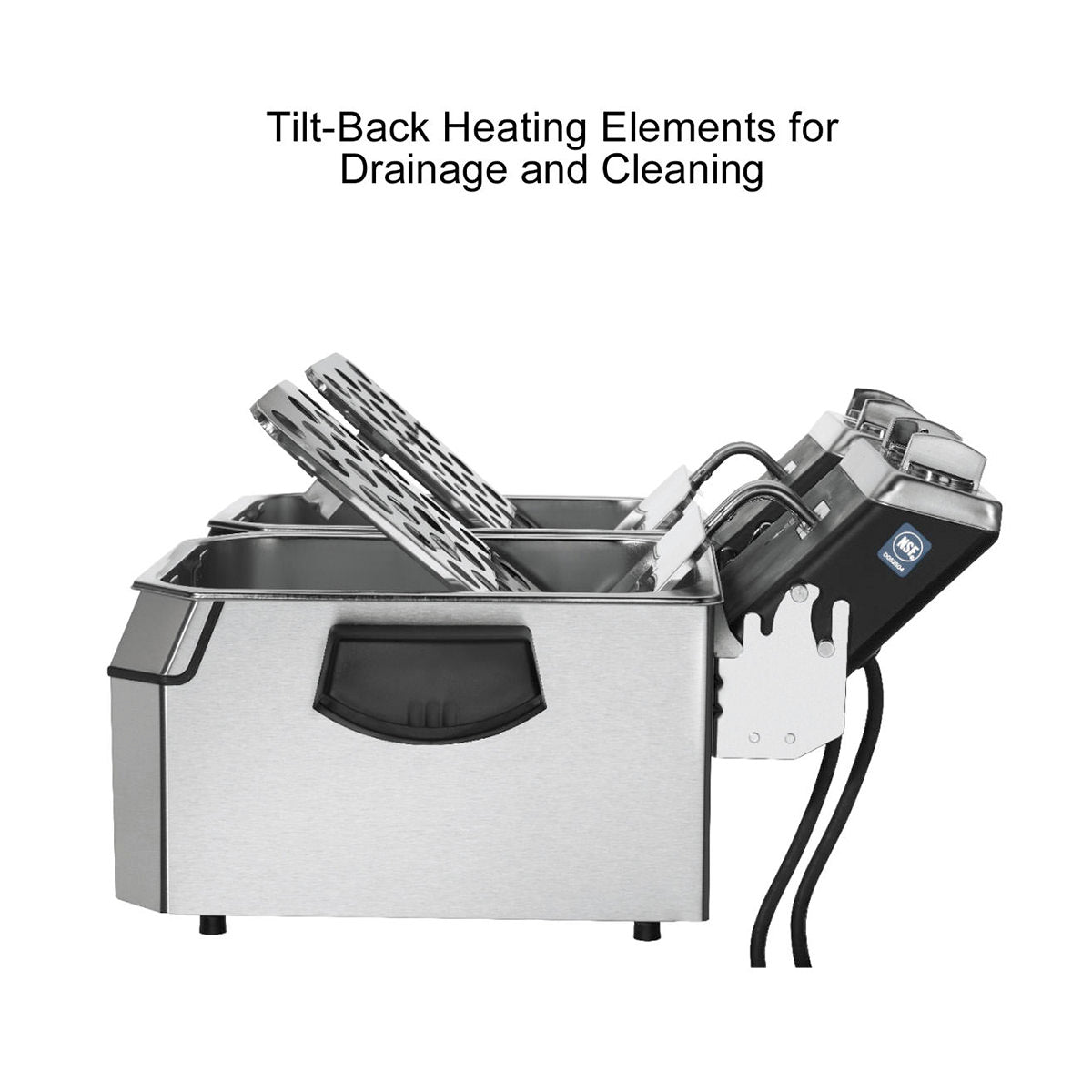A commercial electric deep fryer with two basins and tilt-back heating elements raised for drainage and cleaning, shown from the side. The caption above reads: Tilt-Back Heating Elements for Drainage and Cleaning.