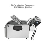 A commercial electric deep fryer with two basins and tilt-back heating elements raised for drainage and cleaning, shown from the side. The caption above reads: Tilt-Back Heating Elements for Drainage and Cleaning.