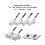 Image displays four twin wire fry baskets and two larger baskets, all with black handles, plus two rectangular metal night covers. Perfect accessories for any commercial deep fryer or electric deep fryer countertop fryer setup.