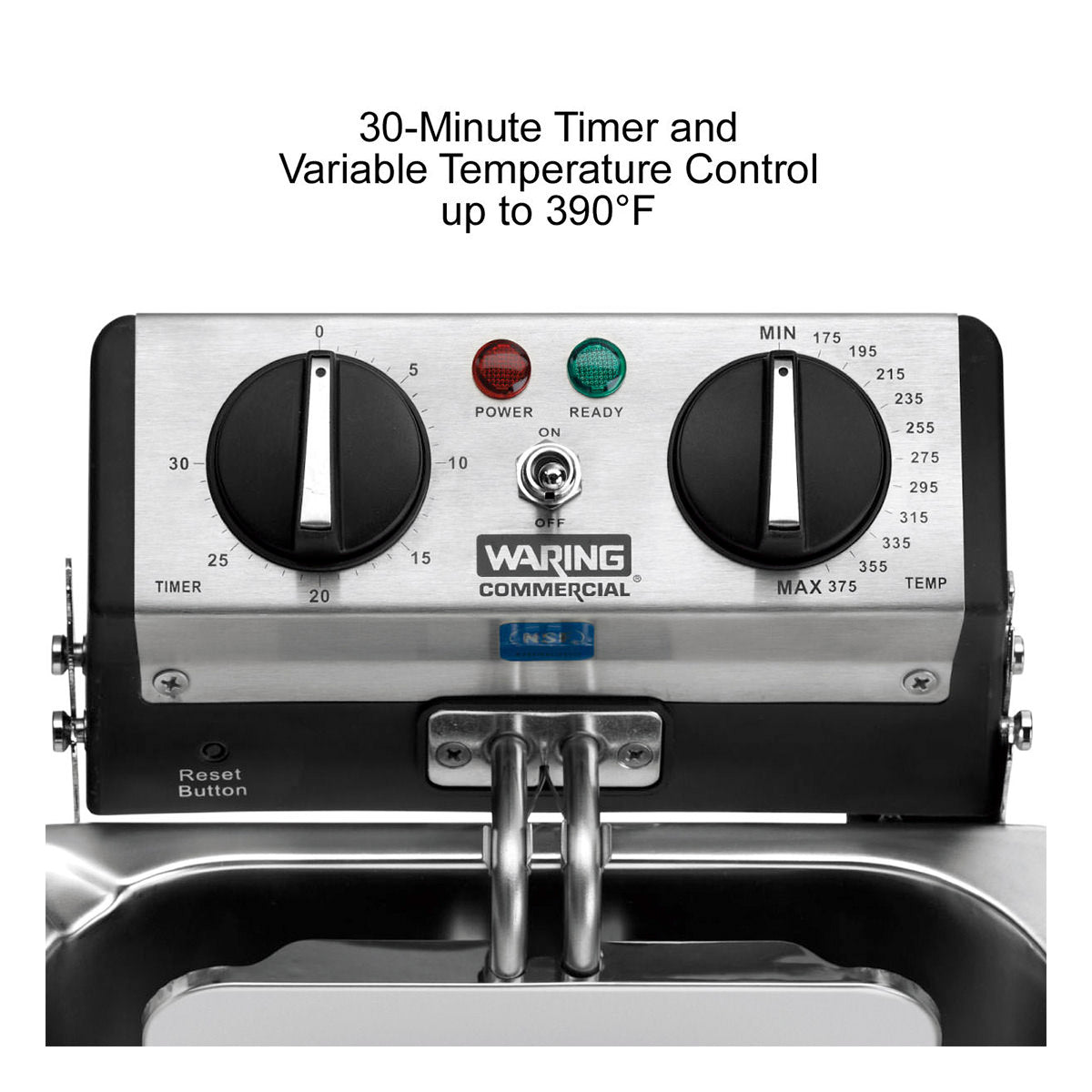 Close-up of a Waring deep fryer control panel featuring two dials: a timer (0–30 min) and temperature (175–390°F). This electric deep fryer includes red and green indicator lights, a reset button, and labels like POWER, READY, and COMMERCIAL.