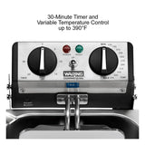 Close-up of a Waring deep fryer control panel featuring two dials: a timer (0–30 min) and temperature (175–390°F). This electric deep fryer includes red and green indicator lights, a reset button, and labels like POWER, READY, and COMMERCIAL.