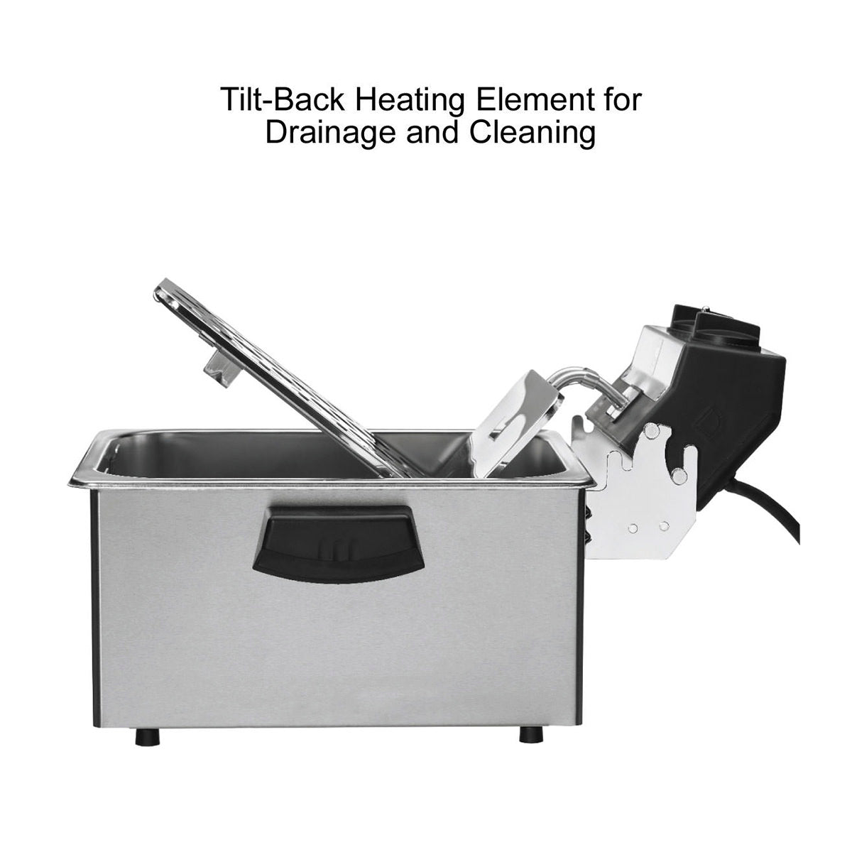 A Waring electric deep fryer with a black handle and lid partially open reveals the tilt-back heating element for easy drainage and cleaning—perfect as a countertop deep fryer for any kitchen.