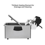 A Waring electric deep fryer with a black handle and lid partially open reveals the tilt-back heating element for easy drainage and cleaning—perfect as a countertop deep fryer for any kitchen.