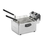 This Waring deep fryer is a stainless steel electric deep fryer featuring two wire baskets with black handles. Its countertop design includes a rear control panel with dials, indicator lights, and a heating element. Waring branding is embossed on the side.