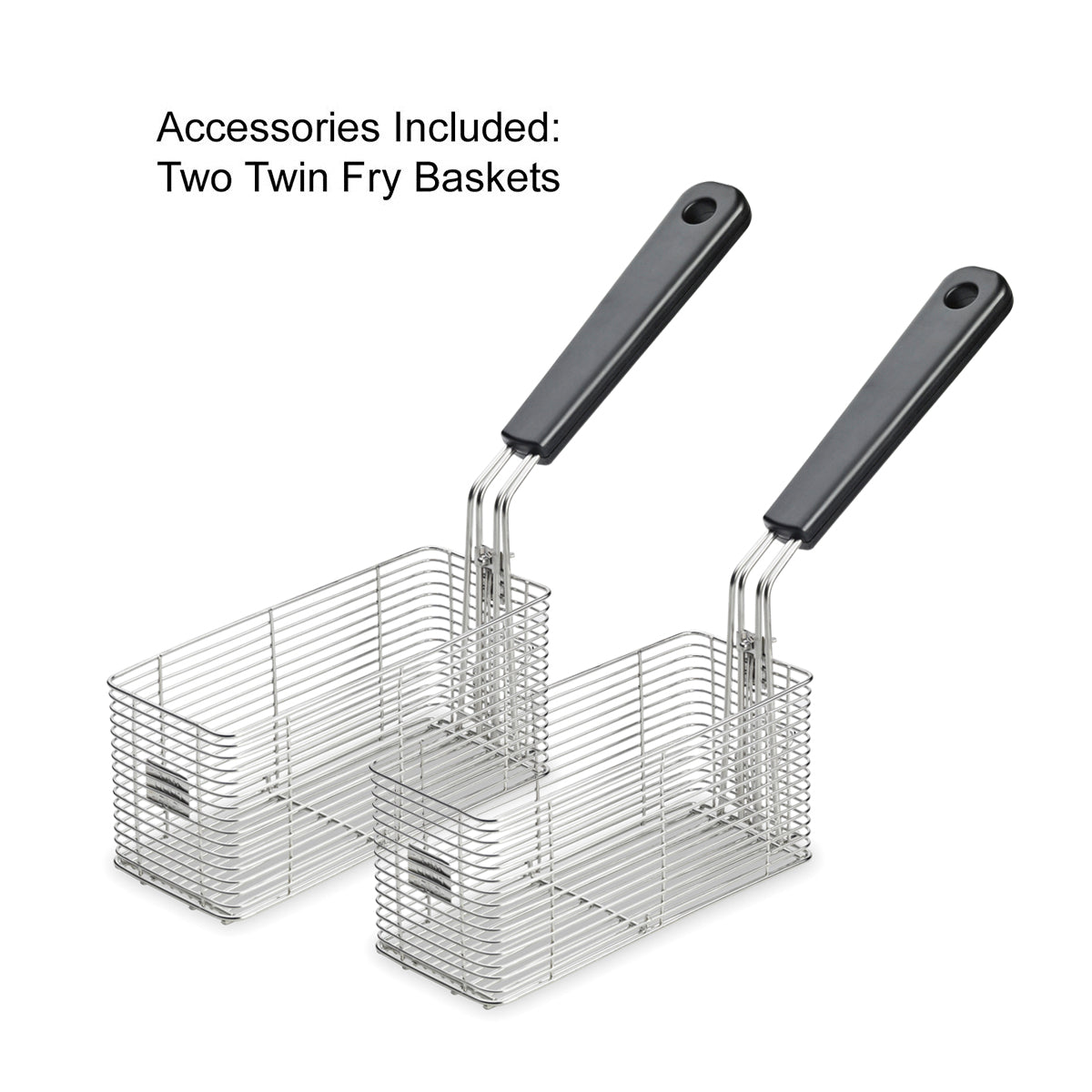 Two rectangular metal fry baskets with black plastic handles are shown against a white background. Perfect for your countertop deep fryer, the baskets are side by side, with text above that reads, “Accessories Included: Two Twin Fry Baskets.”.