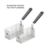 Two rectangular metal fry baskets with black plastic handles are shown against a white background. Perfect for your countertop deep fryer, the baskets are side by side, with text above that reads, “Accessories Included: Two Twin Fry Baskets.”.