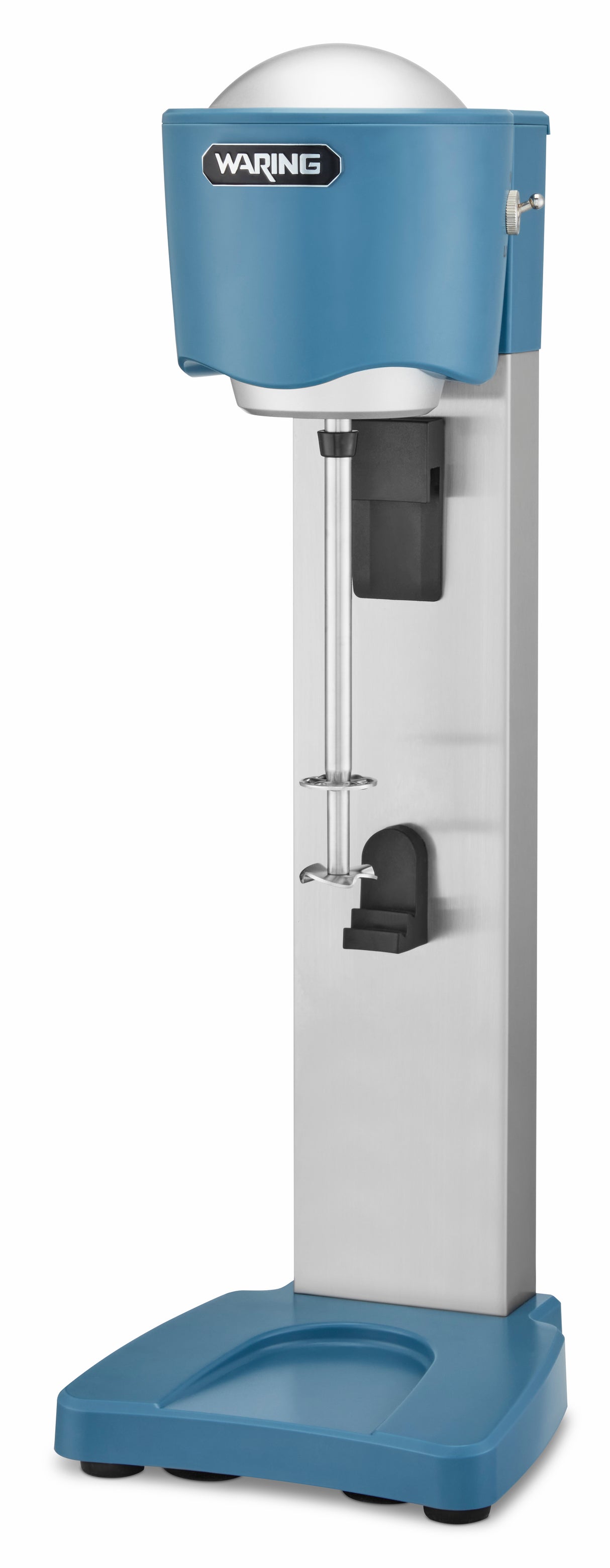 A blue and silver Waring Drink Mixer with a sturdy base, tall vertical body, and mixing spindle. This Light-Duty Drink Mixer features a rounded top with a visible Waring logo and a detachable cup holder near the lower section.