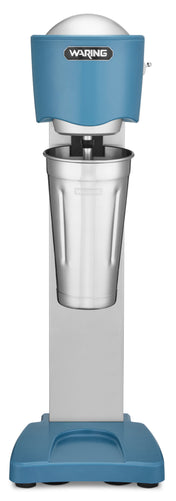 A blue and silver Waring Single-Spindle Drink Mixer with a metal mixing cup attached. The machine stands upright with a sturdy base, tall central column, and rounded top displaying the Waring logo. The mixer appears clean, modern, and ready for use.