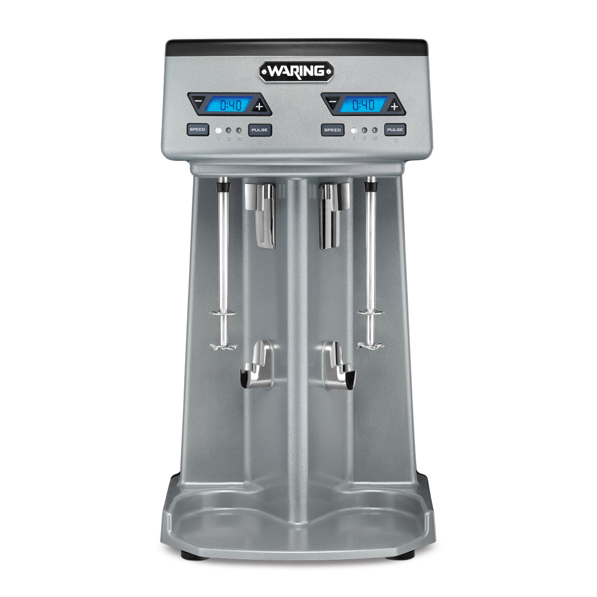 A silver Waring countertop drink mixer with a double spindle, digital display screens, and control buttons. This modern, industrial machine features dual mixing stations for easily preparing beverages like milkshakes or smoothies.