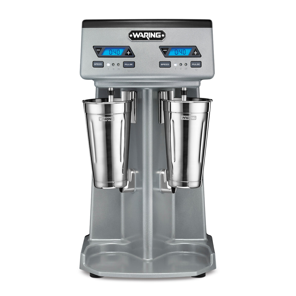 A countertop Waring drink mixer with a double spindle design features two stainless steel mixing cups, digital timers, and control buttons on a metallic base. Each side offers separate displays showing 0:40 and buttons for speed, pulse, and power.