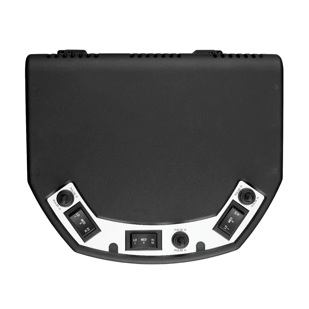 A rectangular black electronic device with a curved front edge, featuring four switches and two dials on a silver panel, likely used for controlling settings—possibly part of a fully automatic drink mixer. Photographed from above on a white background.