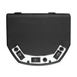 A rectangular black electronic device with a curved front edge, featuring four switches and two dials on a silver panel, likely used for controlling settings—possibly part of a fully automatic drink mixer. Photographed from above on a white background.