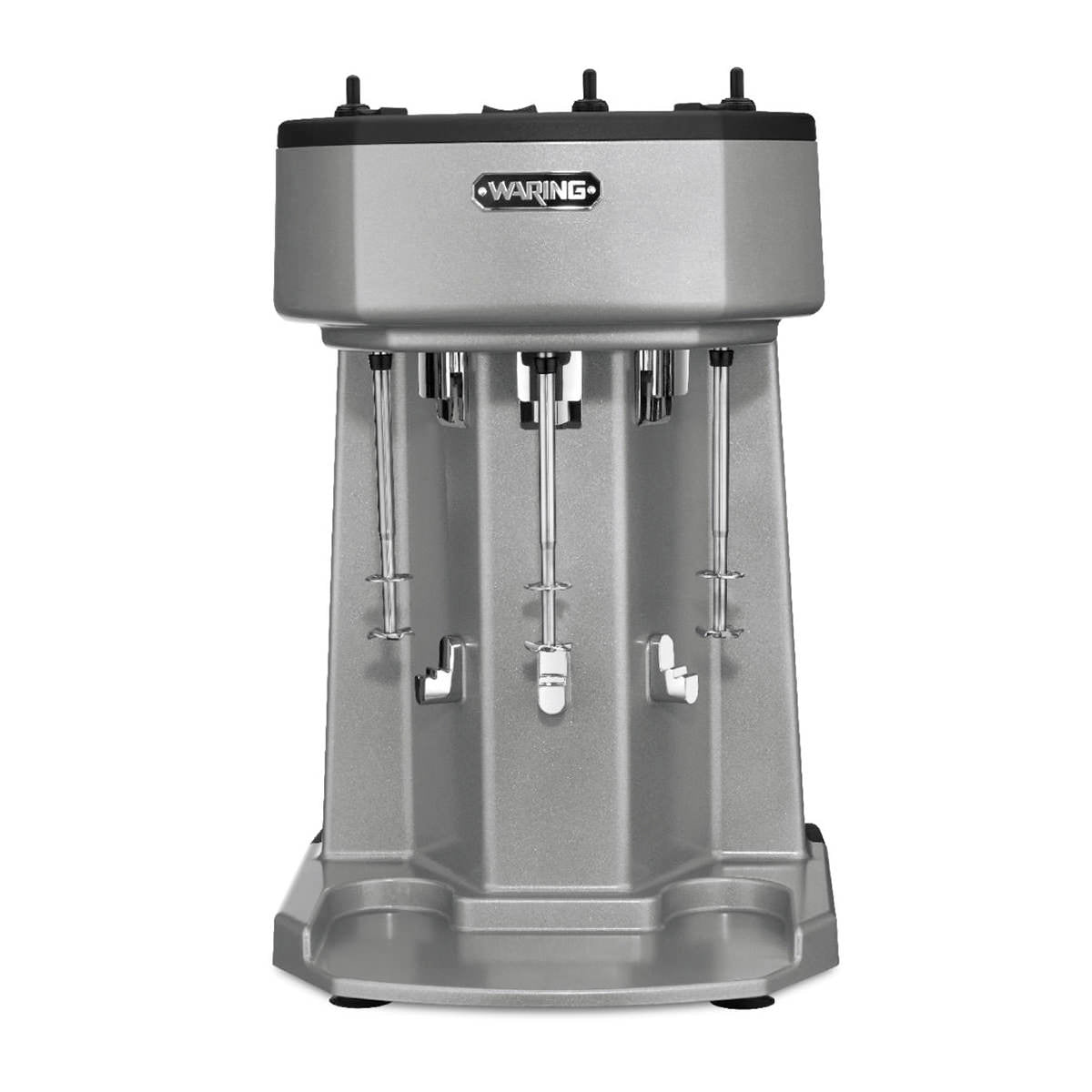 A silver, triple spindle commercial drink mixer with a rectangular body, Waring logo on front, three mixing rods with removable cups, and a sturdy base. The fully automatic appliance is designed for mixing beverages and stands on a white background.
