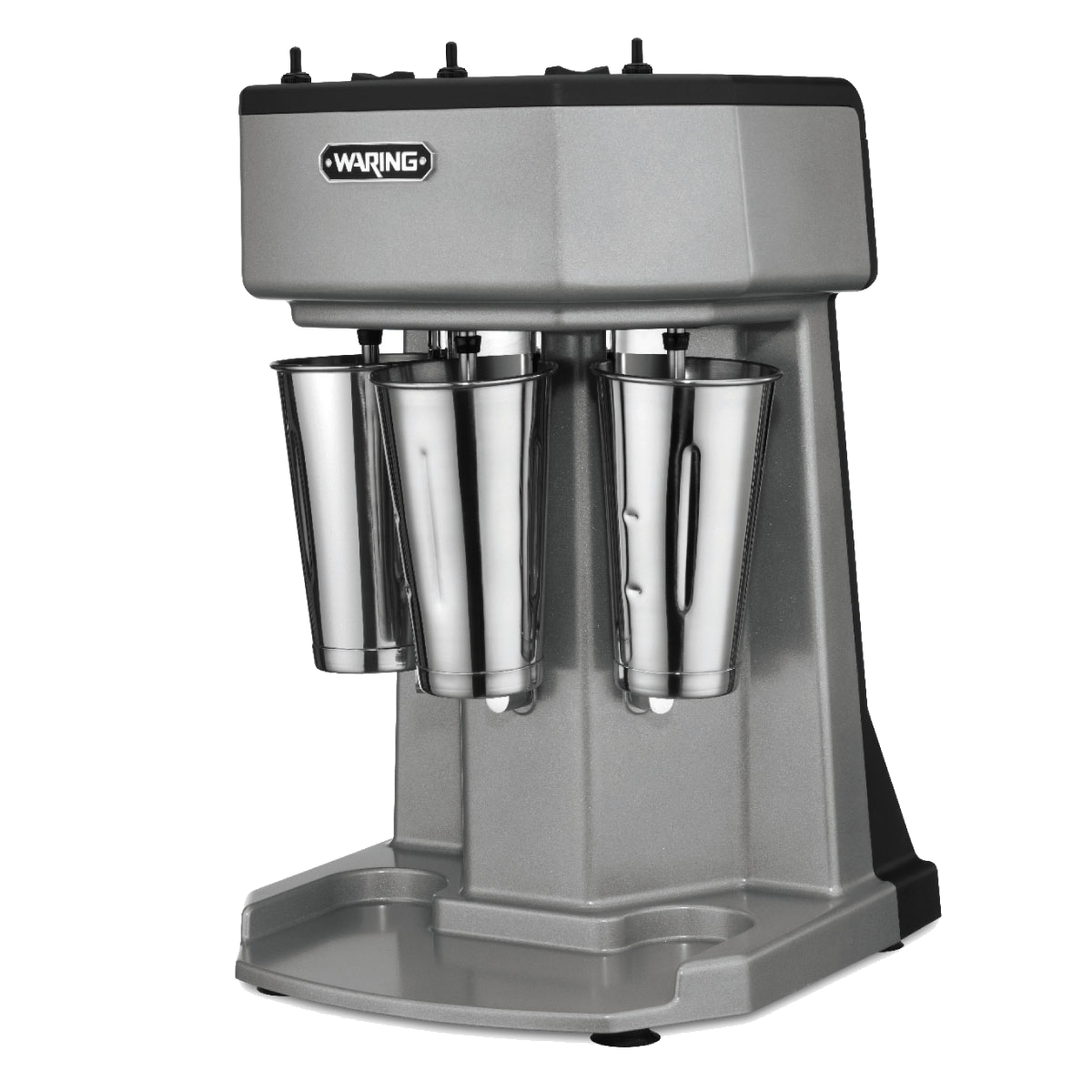A silver Waring triple spindle Drink Mixer with three metal blending cups, black controls on top, and a sturdy base, set against a plain white background.