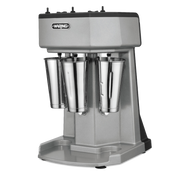 A silver Waring triple spindle Drink Mixer with three metal blending cups, black controls on top, and a sturdy base, set against a plain white background.
