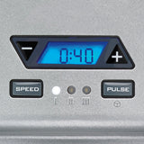 A close-up of the Waring WDM360TX Drink Mixer’s digital control panel. The blue-lit display shows “0:40,” with black triangular buttons, rectangular “SPEED” and “PULSE” selections, and three small indicator lights also visible.