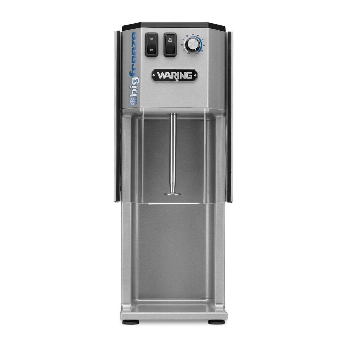A front view of a stainless steel Waring WDM500 milkshake machine with a clear mixing cup, two black switches on the top left, a blue big freeze label, central dial, exposed spindle, and Solid Agitator for efficient mixing.