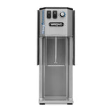 A front view of a stainless steel Waring WDM500 milkshake machine with a clear mixing cup, two black switches on the top left, a blue big freeze label, central dial, exposed spindle, and Solid Agitator for efficient mixing.