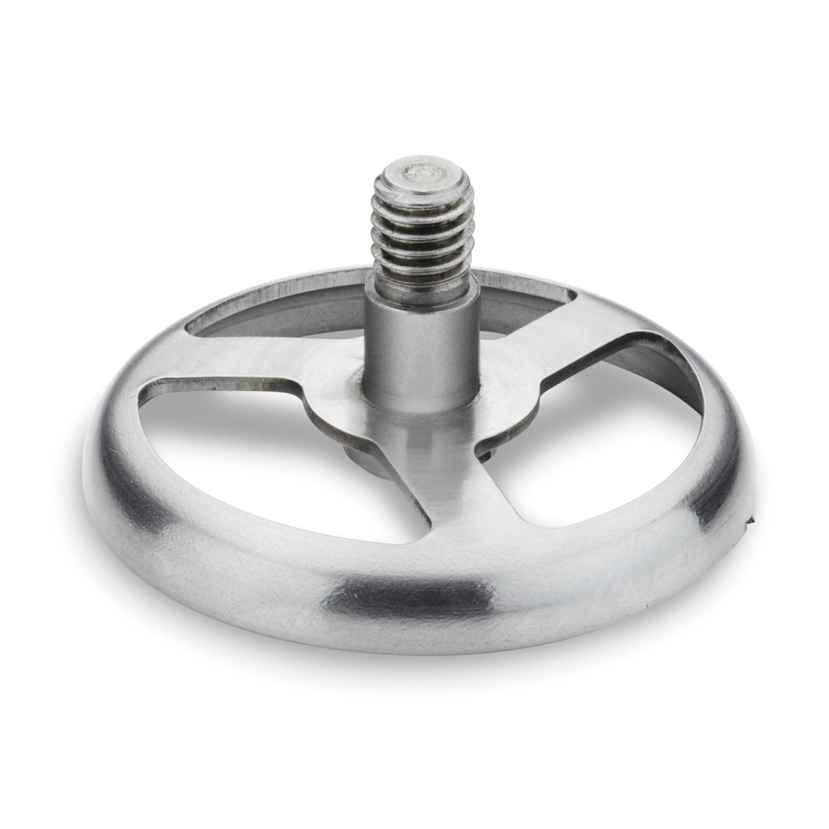 A metallic, circular blade disc with three curved spokes and a central threaded shaft, photographed on a white background. The disc resembles a Waring metal agitator, possibly a replacement blade part for a kitchen appliance or grinder.