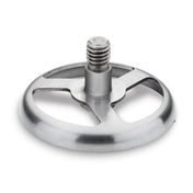 A metallic, circular blade disc with three curved spokes and a central threaded shaft, photographed on a white background. The disc resembles a Waring metal agitator, possibly a replacement blade part for a kitchen appliance or grinder.