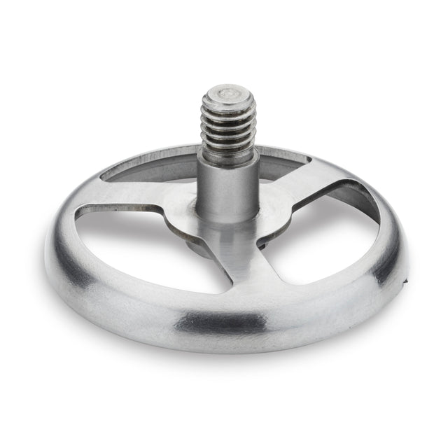A metallic, circular blade disc with three curved spokes and a central threaded shaft, photographed on a white background. The disc resembles a Waring metal agitator, possibly a replacement blade part for a kitchen appliance or grinder.