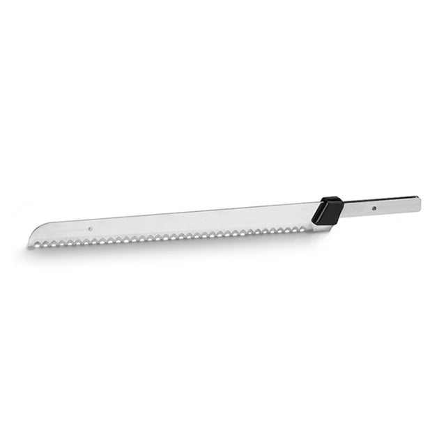 A long, serrated Bread Blade with a straight silver edge and a black angular handle. Minimalistic and modern, this WEK200 bread knife by Waring features scalloped edges for easy slicing, displayed on a plain white background.