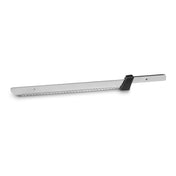 A long, straight-edged carving blade with a metal blade featuring a row of scalloped grooves along one side, and a rectangular black handle at the end. The offset handle is secured with two rivets, as seen on models like the Waring EK120CB.