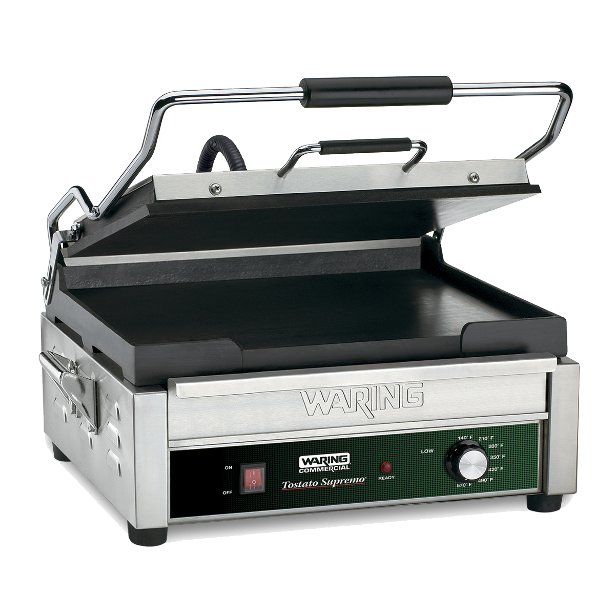 A stainless steel Waring commercial panini grill with a partially open ribbed top plate, flat cast iron cooking surface, black handle, side handles, and a front control panel featuring an adjustable thermostat and labeled Waring Tostato Supremo.