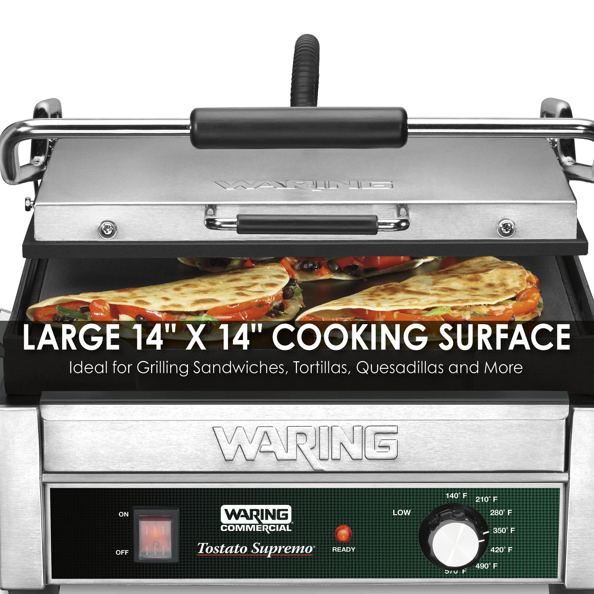 A stainless steel Waring Panini Grill with adjustable thermostat grills three quesadilla slices on a large 14 x 14 cast iron cooking surface. Text reads Ideal for Grilling Sandwiches, Tortillas, Quesadillas and More. Dials and indicator lights are visible at the front.