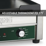 Close-up of a stainless steel Panini Grill with a black knob marked from 140°F to 570°F. Above the knob, bold white text reads ADJUSTABLE THERMOSTAT TO 570°. A cast iron cooking surface and part of the brand name “RING” are visible.