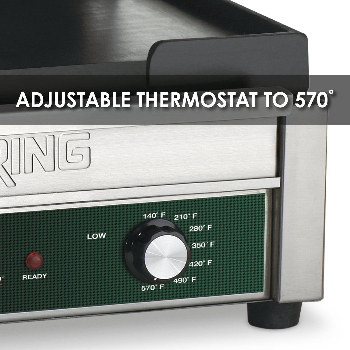 A close-up of a Panini Grill with a green control panel and black dial labeled from 140°F to 570°F. Text reads “ADJUSTABLE THERMOSTAT TO 570°.” The appliance features a sturdy black edge and a durable cast iron cooking surface.