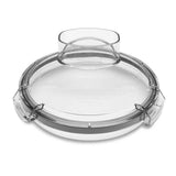 A clear, round plastic lid with a central, oval-shaped opening, designed for the LiquiLock Batch Bowl. This WFP11S flat cover features a raised rim and three latch-like clasps evenly spaced along the edge for a secure fit.