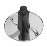 A shiny, round WFP11S metal food processor slicing disc with a black plastic center hub and safety lock. The disc has two curved slicing blades and small perforations, designed for even slicing in compatible appliances.