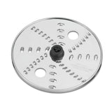 A round, silver reversible shredding disc for the WFP14S food processor, featuring sharp slits, a central black plastic attachment hub, and engraved text. Its reflective surface is photographed on a plain white background.