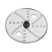 A round, silver reversible shredding disc for the WFP14S food processor, featuring sharp slits, a central black plastic attachment hub, and engraved text. Its reflective surface is photographed on a plain white background.