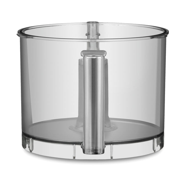 A clear Sealed LiquiLock Batch Bowl with a central spindle and sturdy handle, designed for use with WFP14S2 and WFP14S food processors. The empty, cylindrical bowl sits on a white background, ready to fit onto your food processor base.
