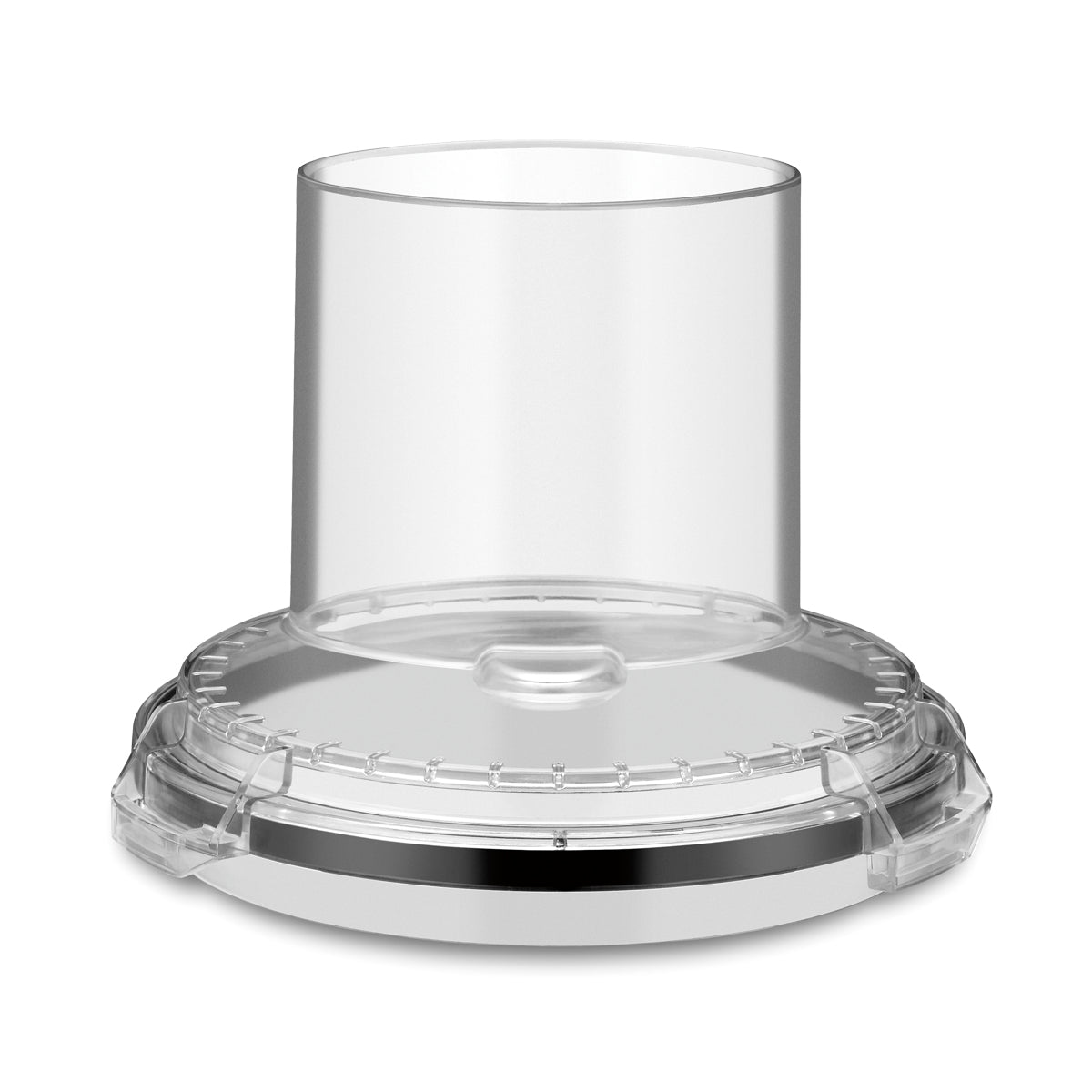 A clear, round Waring food processor lid with a wide, vertical feed chute at the center. The LiquiLock Batch Bowl Cover WFP14S3 features a secure rim and smooth, transparent surface, designed to fit snugly onto the base.