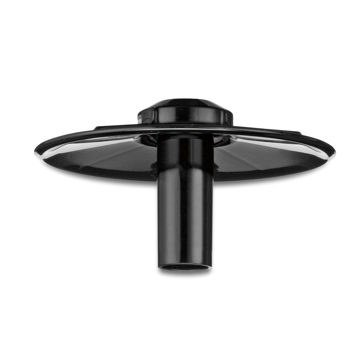 A black plastic object, possibly a Waring Slinger component, features a wide, flat circular top and a cylindrical stem extending downward. Seen from the front against a white background, it appears to be an attachment part for a larger device.