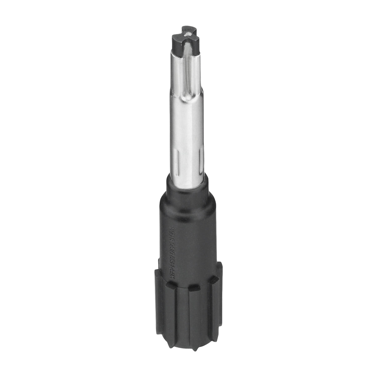 A metal and black plastic tool resembling a socket or extractor with a ridged, cylindrical black base and a shiny metal shaft extending upward, featuring slots and a notched, multi-pronged Disc Stem tip for insertion or removal tasks.