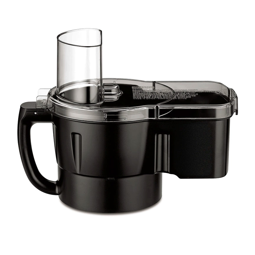 A black and clear plastic food processor attachment with a handle, transparent lid assembly, and a cylindrical feed tube on top. Featuring a sleek design and clean surfaces, it’s compatible with continuous feed hoppers for efficient food prep.