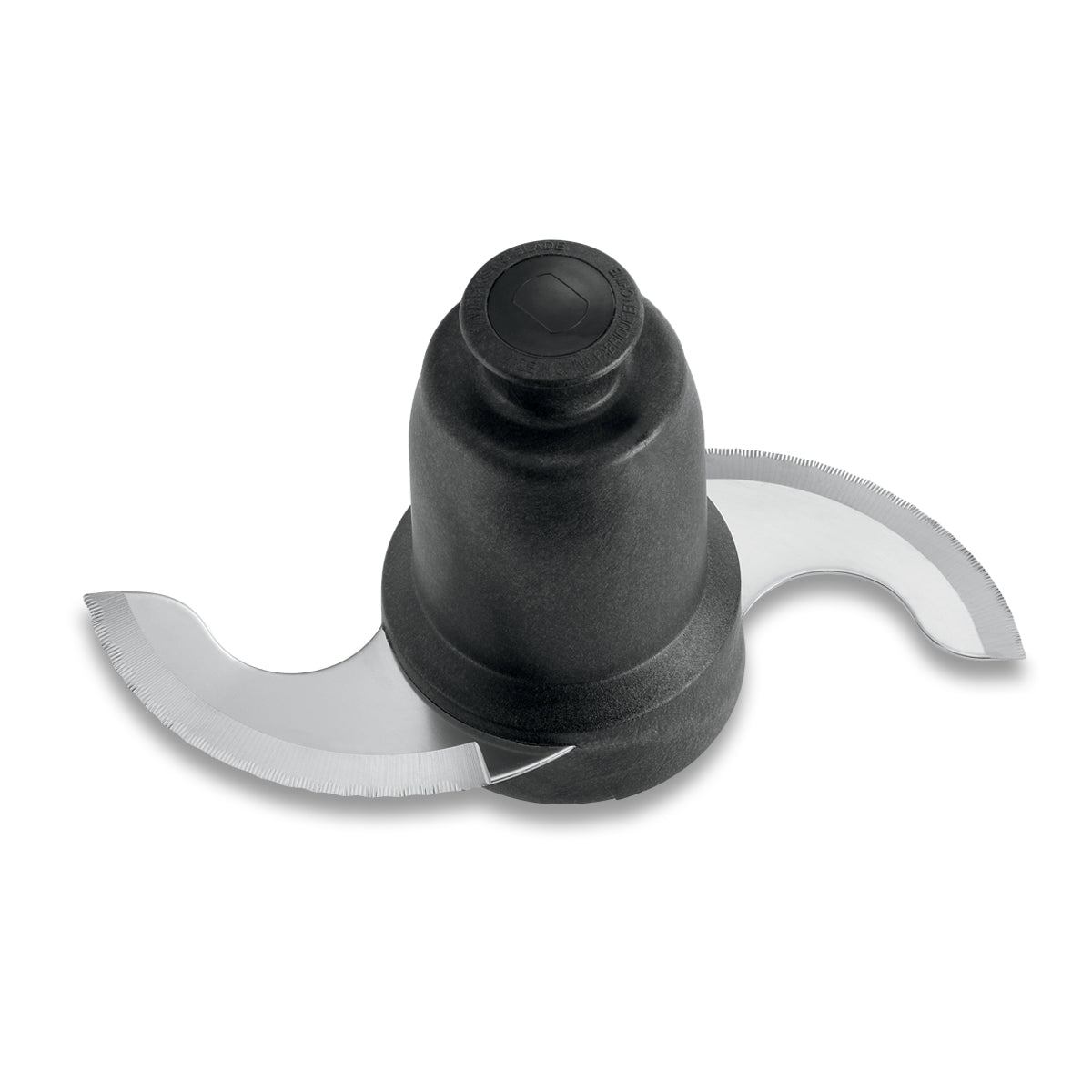 A close-up of a Waring Sealed S-Blade attachment for the WFP16S food processor, featuring two curved, sharp stainless steel blades and a black plastic hub. The serrated edge ensures efficient chopping or slicing, isolated on a white background.