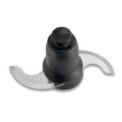 A close-up of a Waring Sealed S-Blade attachment for the WFP16S food processor, featuring two curved, sharp stainless steel blades and a black plastic hub. The serrated edge ensures efficient chopping or slicing, isolated on a white background.