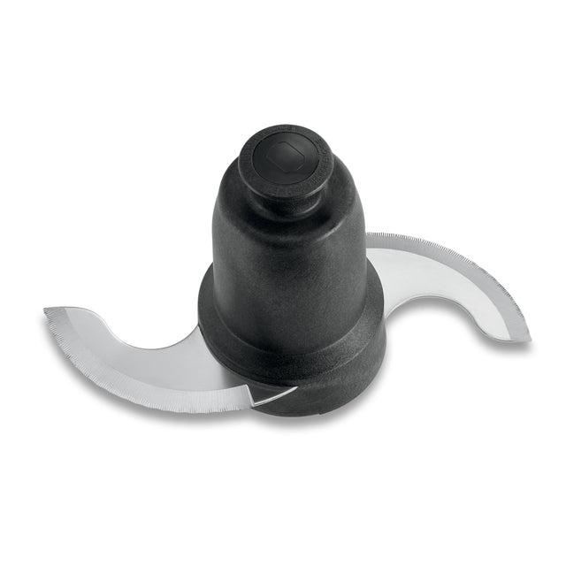 A close-up of a Waring Sealed S-Blade attachment for the WFP16S food processor, featuring two curved, sharp stainless steel blades and a black plastic hub. The serrated edge ensures efficient chopping or slicing, isolated on a white background.