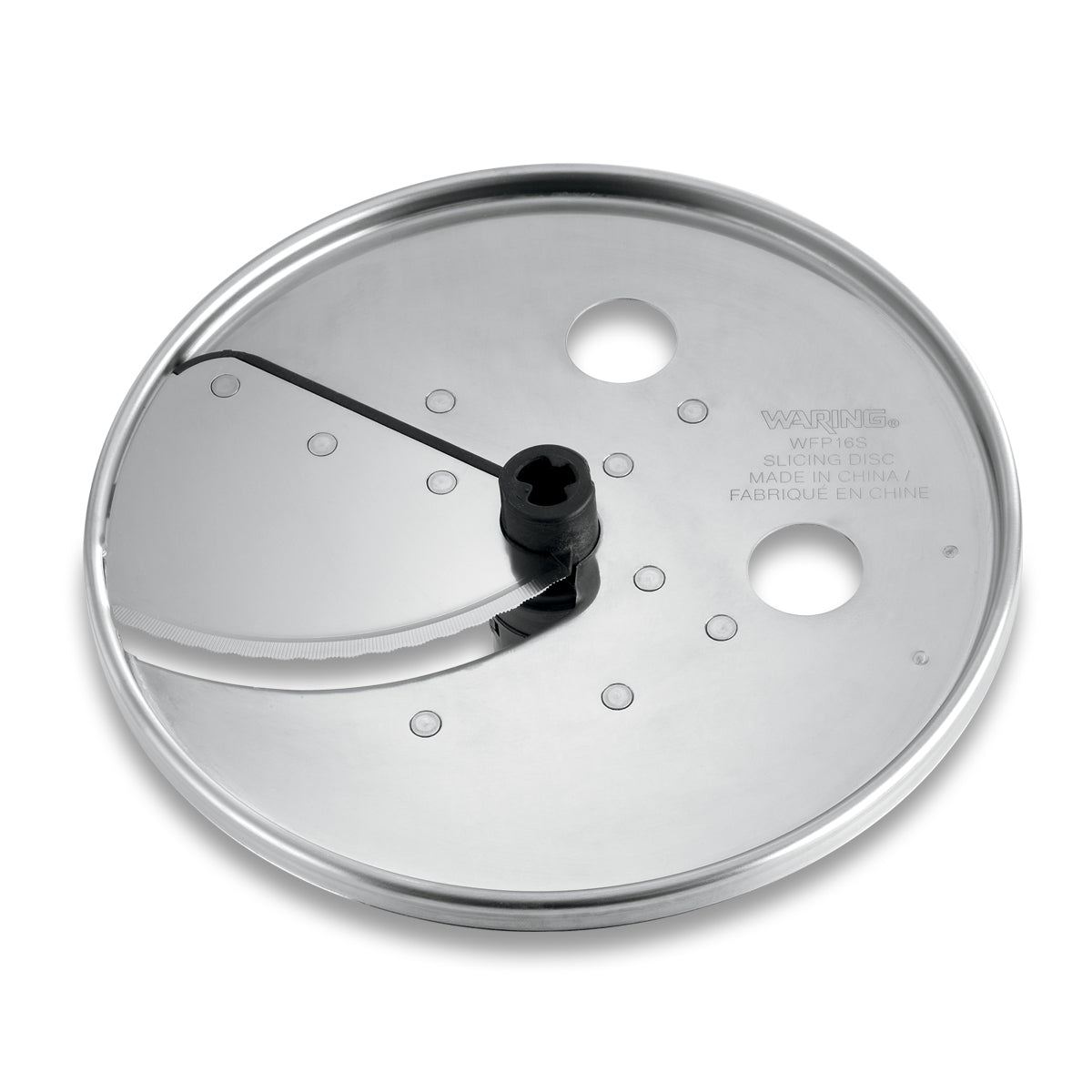 A shiny, round stainless steel WFP16S Slicing Disc with a curved blade on one side, three circular holes, and engraved text indicating it's a Waring adjustable slicing disc made in China. The reflective surface is smooth and polished.