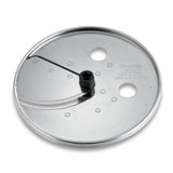 A shiny, round stainless steel WFP16S Slicing Disc with a curved blade on one side, three circular holes, and engraved text indicating it's a Waring adjustable slicing disc made in China. The reflective surface is smooth and polished.
